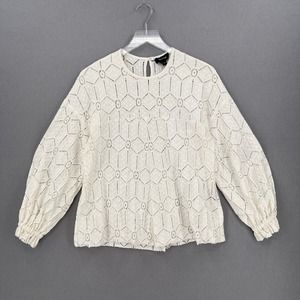 PFEIFFER Long Sleeve Top Womens XS White Lace Crochet Balloon Sleeve Crew Neck